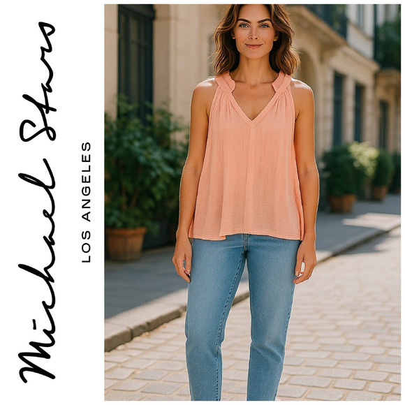 NEW Michael Stars Viola Sz XL Peach Double Gauze Split Neck Tank Top Blouse NWOT - Picture 1 of 6